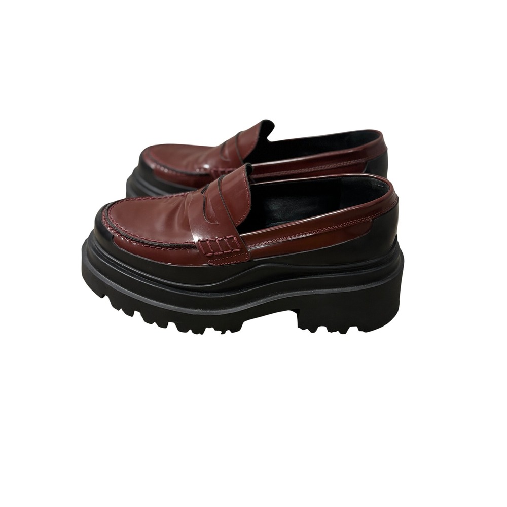 Plan C Womens Platform Penny Loafers Burgundy Black Leather Lug Sole Italy 37